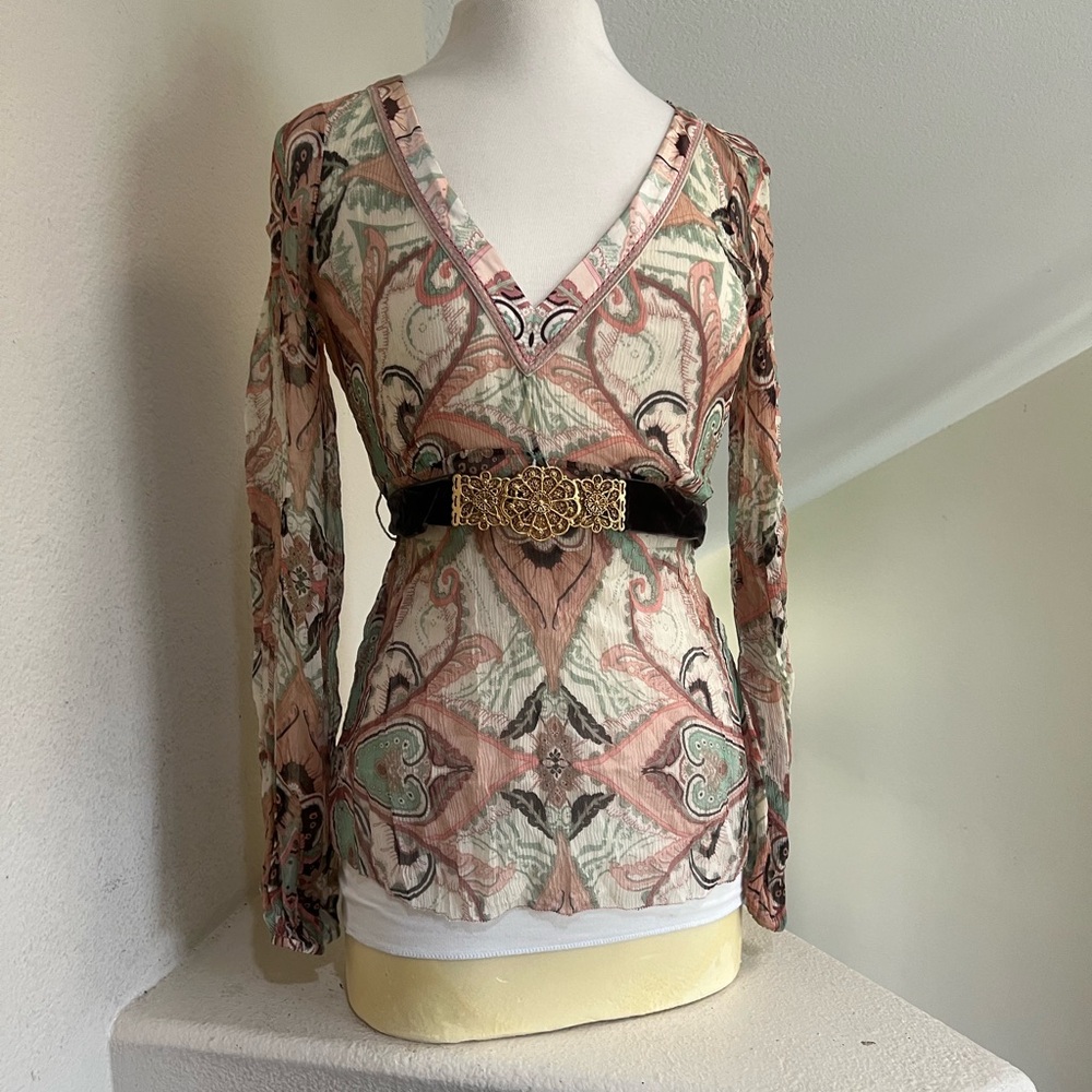 ELIE TAHARI Sheer Floral Silk Belted Brown Tunic Top Y2k Coverup Fairy Beach XS